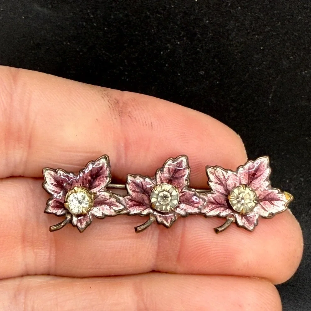 Vintage Enamel Paste‎ Stone Brooch Pink Leaves Gold Tone Enamel